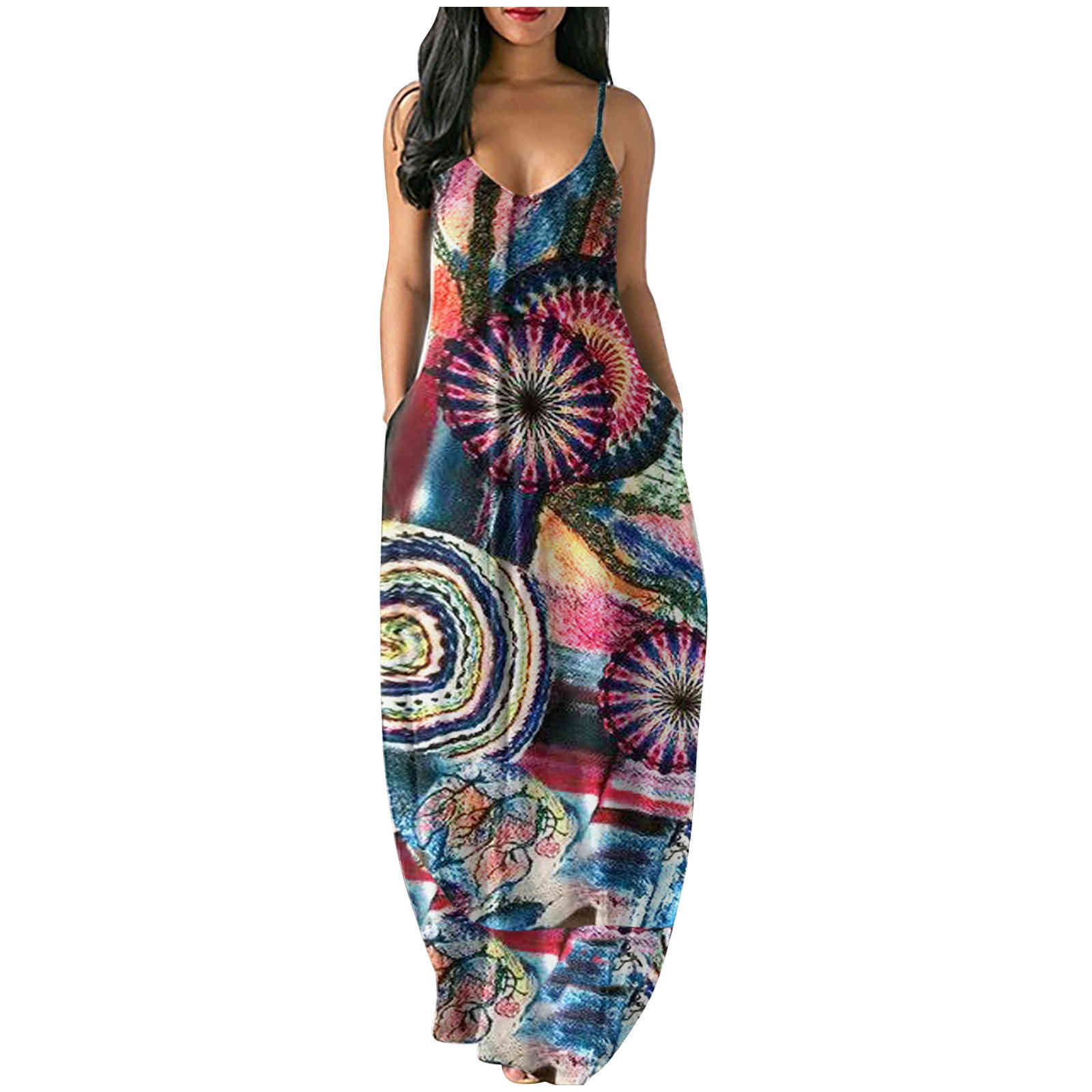 Summer Vintage Sling Party Dress Women Elegant Casual Maxi Plus Size Boho Floral Stripe Printed Sexy V Neck Beach Sundress 210522