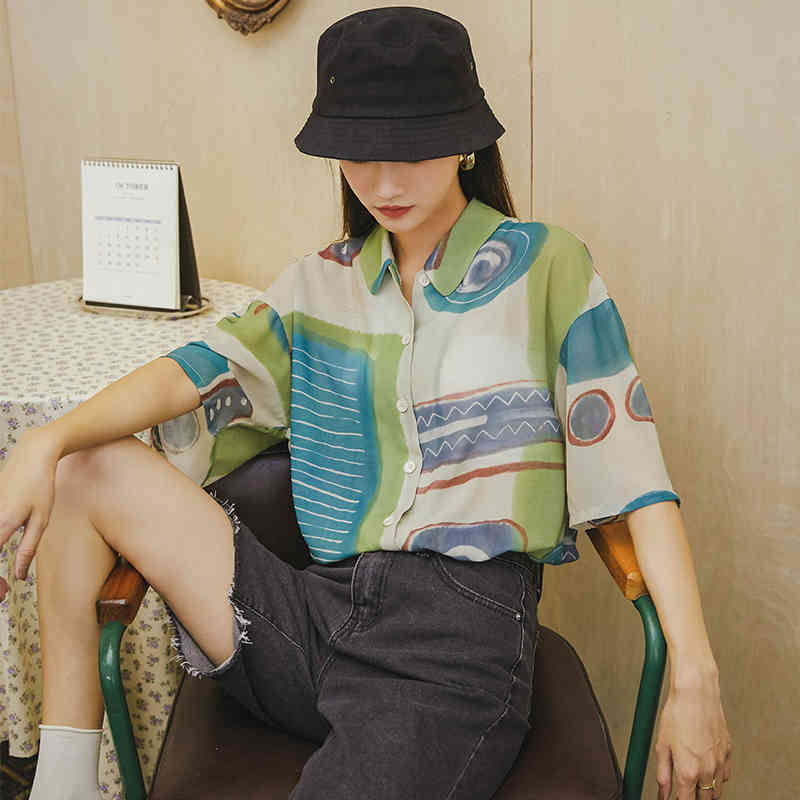 Green Aesthetic Chiffon Blouse Women Butto Up Short Sleeve Shirt Summer Top Loose Collar Fashion Blouses 210427