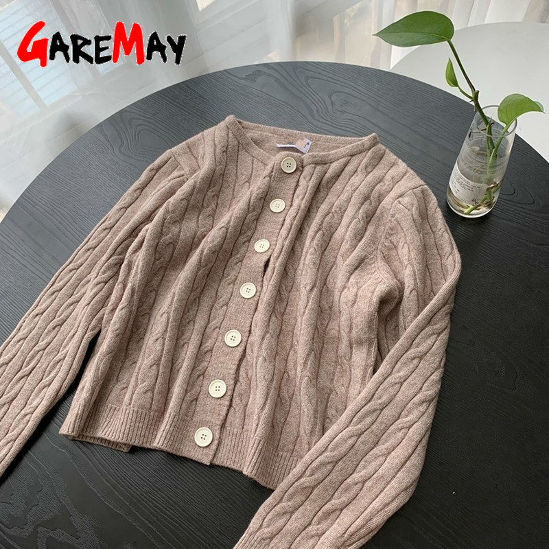 Fashion Slim Ladies Knitted Sweater Long Sleeve Buttons Crop Cardigan Women Short 210428