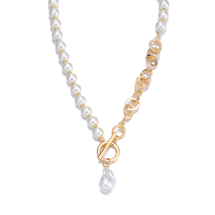 Punk Asymmetric Charm Chain Pearl Necklace For Women Baroque Irregular Pendant Long Toggle Chain New Trendy Jewelry Gifts
