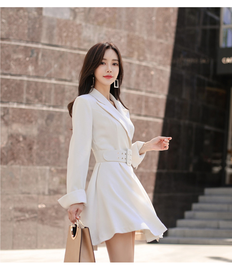 Autumn Women white Double-Breasted Short Dress Formal Long Sleeve Notched Collar Slim Casual High Waist 210519