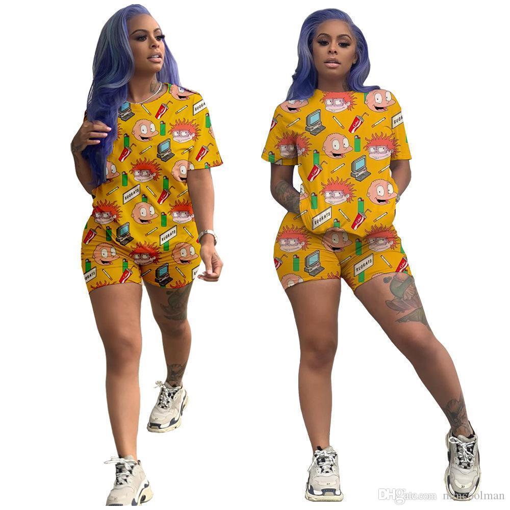 Fashion Cartoon Printed Casual Set dresses Womens Designer Tracksuit Short Sleeve Outfits 2 Piece Pant Sport Suits Clubwear