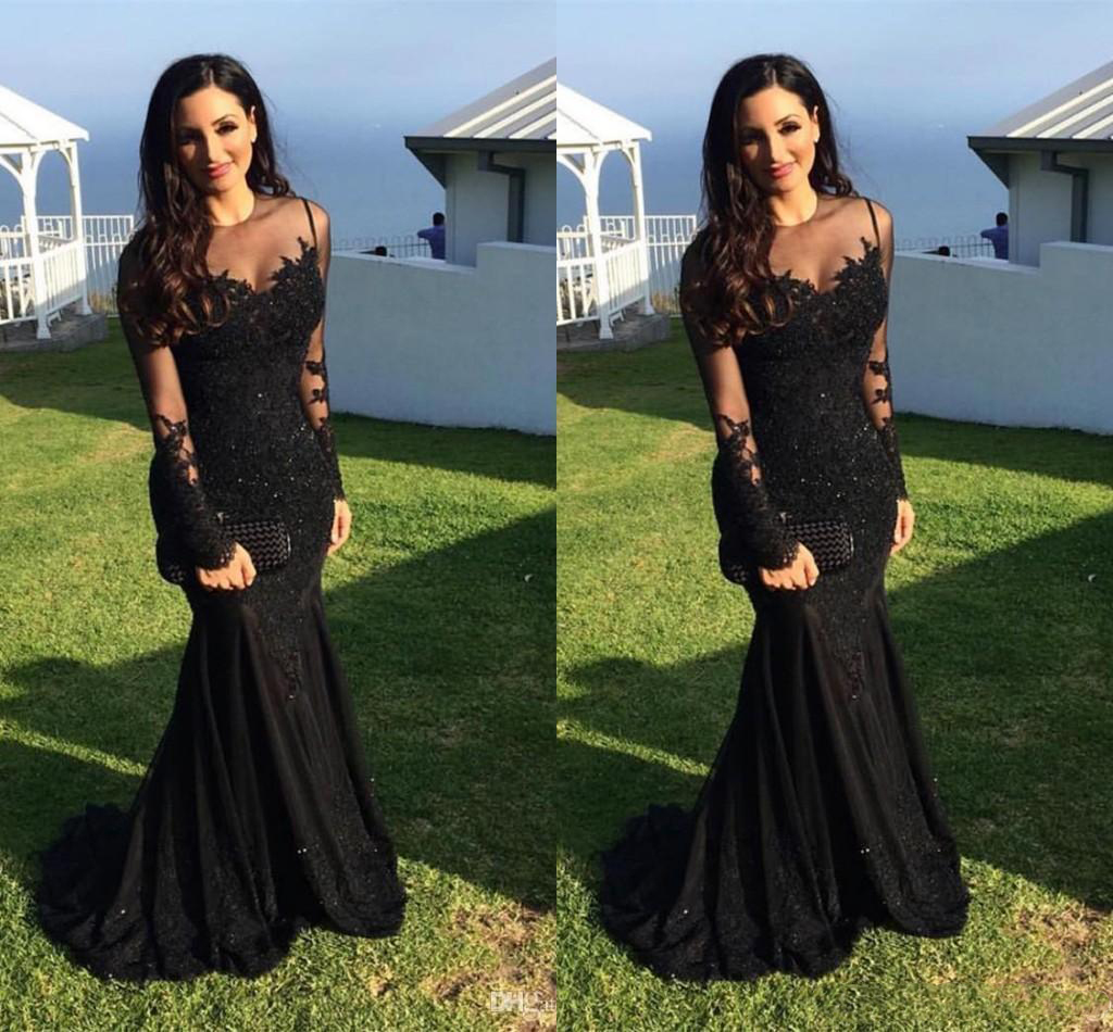 Evening Dresses 2021 Sexy Arabic Jewel Neck Illusion Lace Appliques Crystal Beaded Black Mermaid Long Sleeves Formal Party Dress Prom Gowns