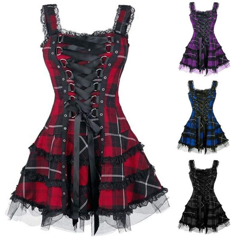 Dress Women Classic Frill Lace Dresses Sleeveless Plaid Vintage Gothic Mini Dresses Ball Gowns Cosplay Costume Plus Size Dress 210325