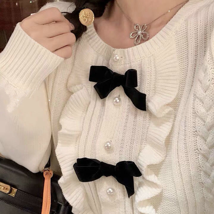 Nomikuma Korean Short Women Knitwear Coat Sweet Bowknot Knitted Cardigan Autumn Winter New Long Sleeve Sweater Jacket 6D108 210427