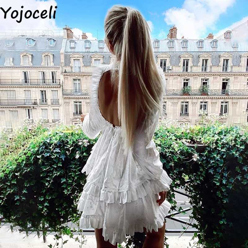 Yojoceli Sexy backless ruffle white embroidery dres Spring lace casual Beach short party cotton 210609
