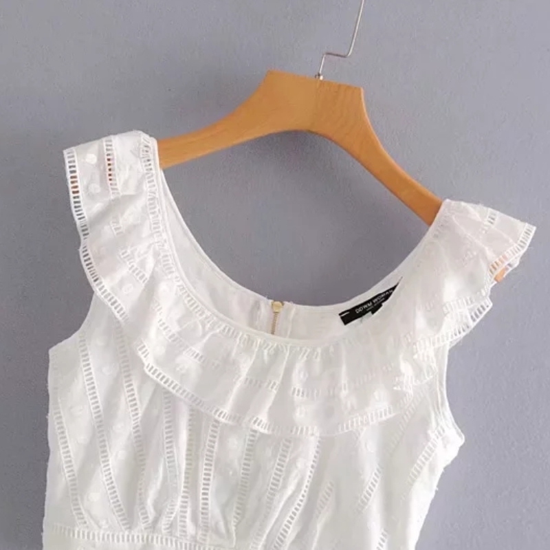 Hollowing Embroidery Cascading Ruffle Women Vest Shirt Casual White Blouse Summer Style Small Tops Fashion Chemise S5508 210430