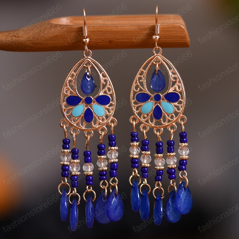 Fashion Bride Wedding Dangle Earrings Colrful Crystal Water Drop Tassel Earring for Women Vintage Flower Bohemian Earring Boho Jewelry
