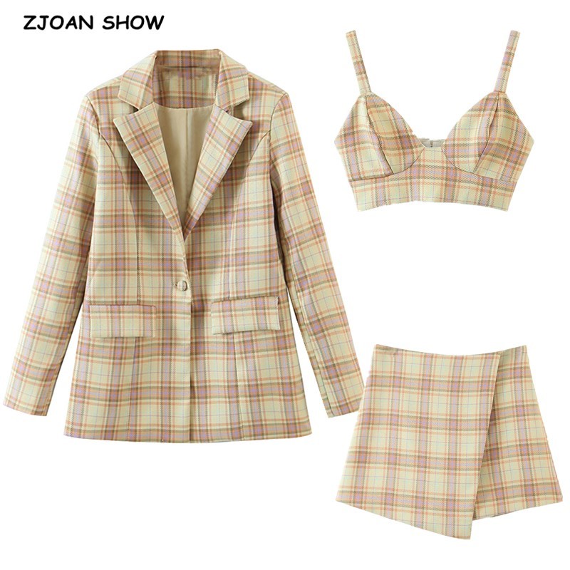 Boyfriend style One Button Mid Long Check Plaid Women Blazer High Waist Shorts Short Pants Sleeve Suits 3 Pieces Set 210429