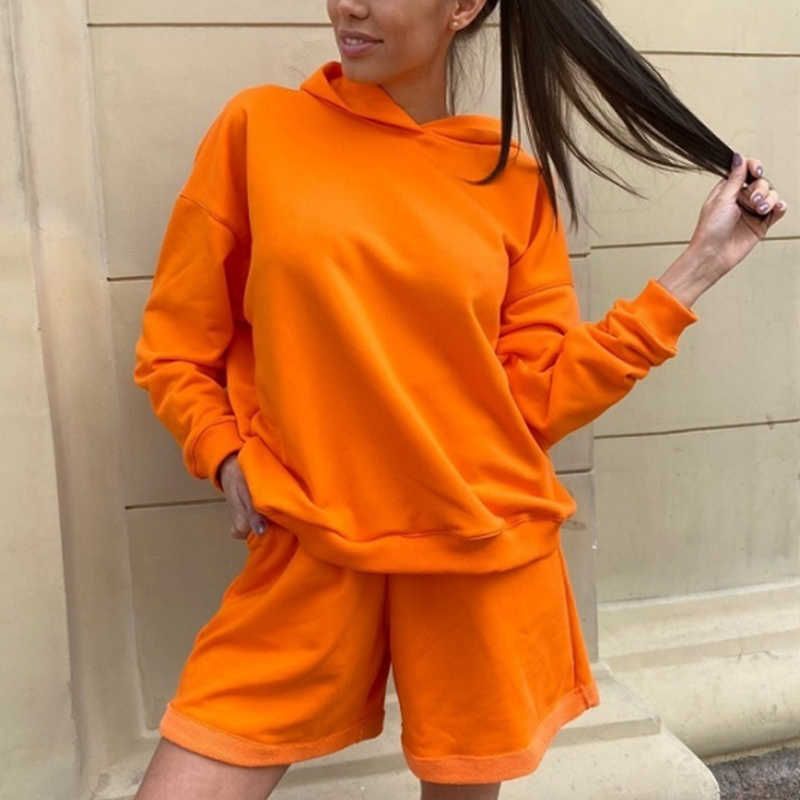 Womens Tracksuits 2 Piece Set Summmer Autumn Oversize Sweatshirt + Sporting Shorts Sweat Set Two Piece Outfit Solid Color Sets 210709