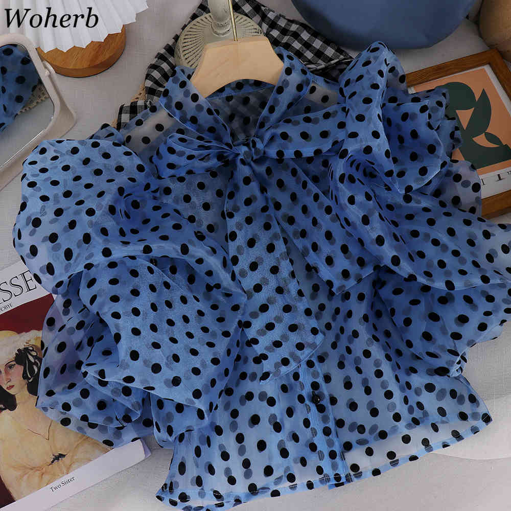 Polka Dot Shirt Women Summer Korean Blusas Mujer Loose Chic Chiffon Blouse O Neck Bow Single Breasted See Through Tops 210519