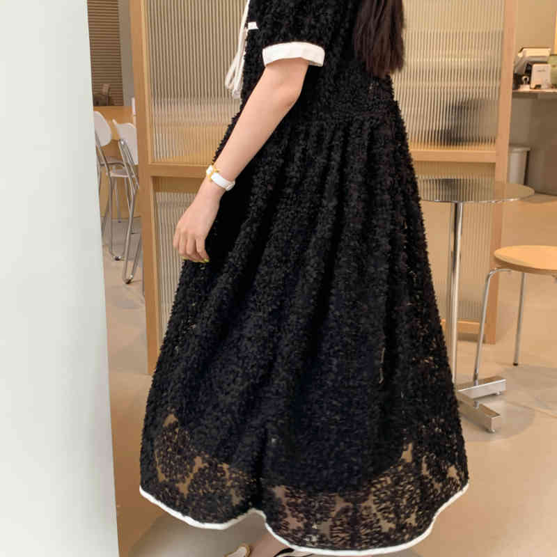 Nomikuma Korean Chic Elegant Woman Dress Rose Jacquard Hit Color Bow Tie Vestidos Femme Puff Sleeve Square Collar Dresses 6H131 210427