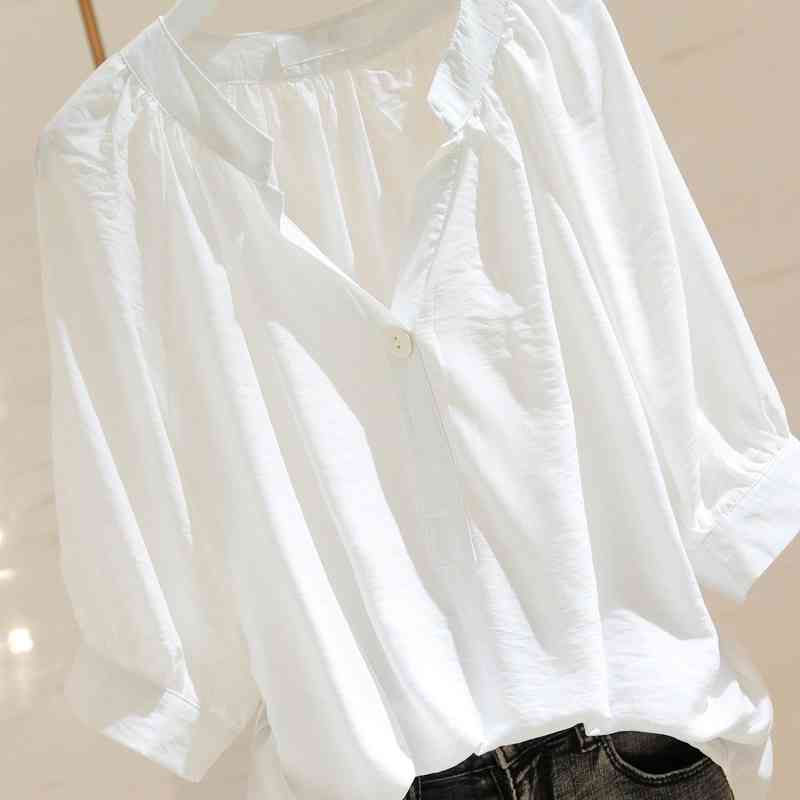Summer Women Shirt Plus Size Loose Casual V-neck White Blouse Cotton Female Half Sleeve Solid Tops And Blouses Lady Clothes D77 210512