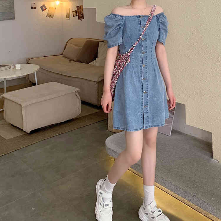 XS-XL summer mini dress korean style solid color square collar denim dress womens off shoulder jeans dresses (71050) 210423