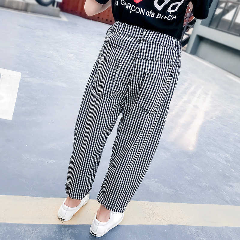 Fashion Big Girls Plaid Pants Korean Cotton Elastic Waist Nine Pant Loose Trousers for Teenage School Girl Children Clothes 210622