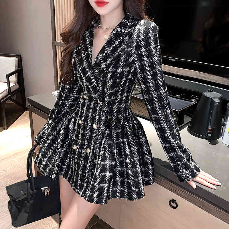 Spring Autumn Women's Elegant Office OL Plaid Tweed Temperament Suit Double Breasted High Waist Slim Pleated Mini Dress 210519