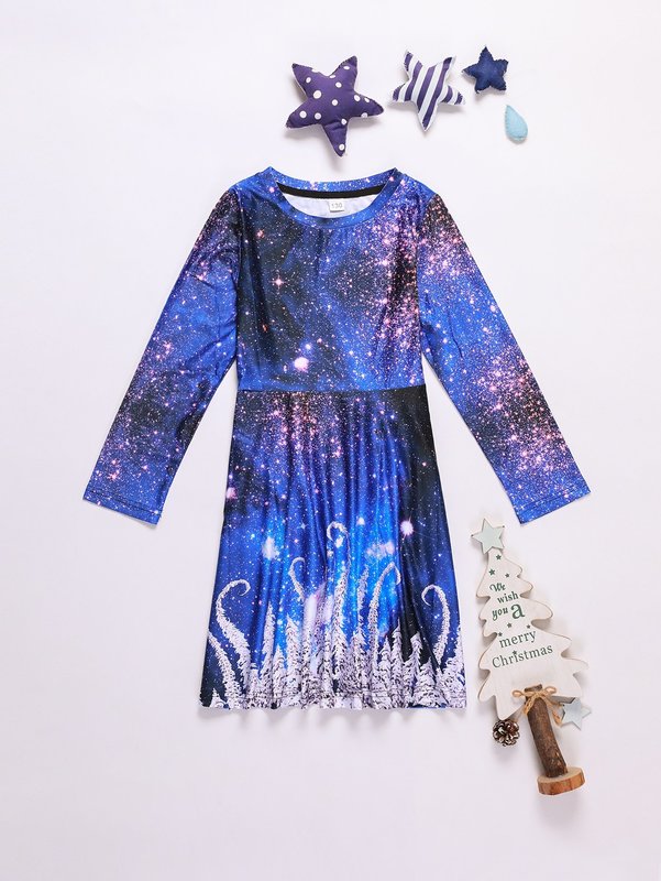 Girls 3D Galaxy And Tree Print Smock Dress SHE