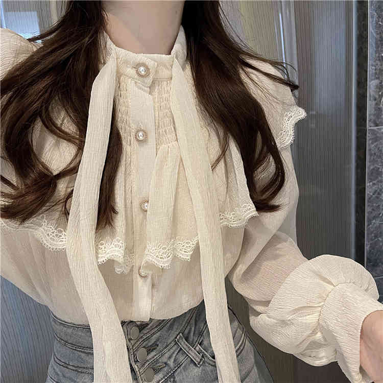 Nomikuma Spring Elegant Pleated Blouse Shirt Korean Bow Tie Stand Neck Ruffle Blouse Causal Pullover Blusas Top New 6E482 210427