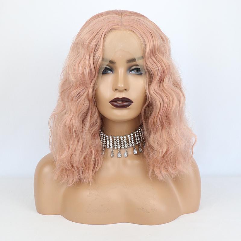 Synthetic Wigs Pink Color Short Bob Water Wave Lace Front Pre Plucked Cosplay Glueless Frontal For Black Women