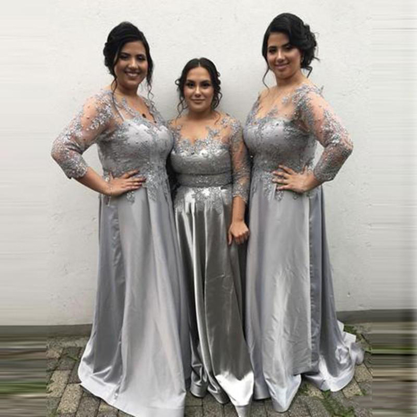 Silver Plus Size Bridesmaid Dresses 2021 Sheer Neck Long Sleeve Sweep Train Appliques Beads Garden Country Wedding Guest Evening Gowns