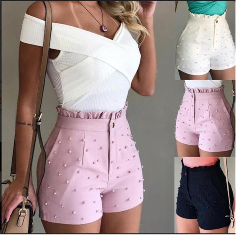Women Shorts Summer Black High Waist Jeans Plus Size Casual Pearls pants Sexy Elastic Demin 210428