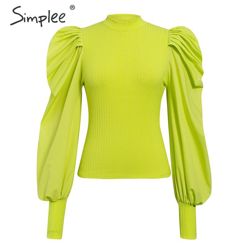 Simplee Puff sleeve patchwork women blouse shirt Chic long sleeve female knitted tops shirts Slim party club ladies blouses 210317