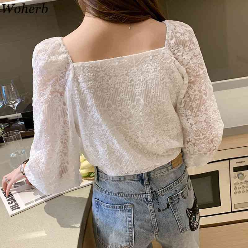 Korean Vintage Women Shirt Square Collar Fashion Lace Tops Crochet Hollow Out Loose All Match Long Sleeve Blusas Mujer 210519