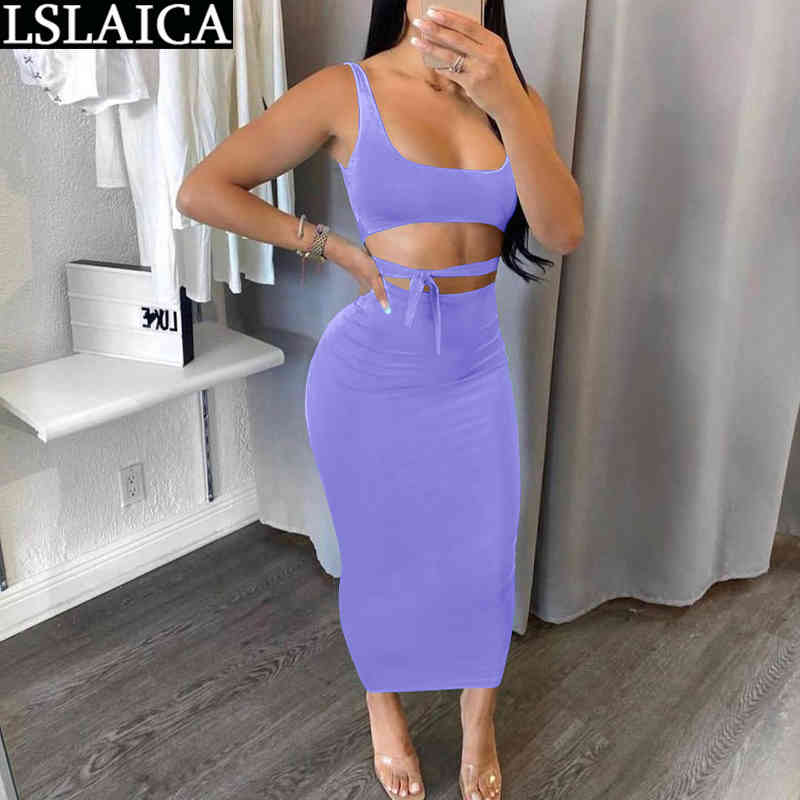 Summer Two Piece Set Women Solid Color Sling Tops and Long Skirt Sleeveless Lace Up Casual Backless 2 210515
