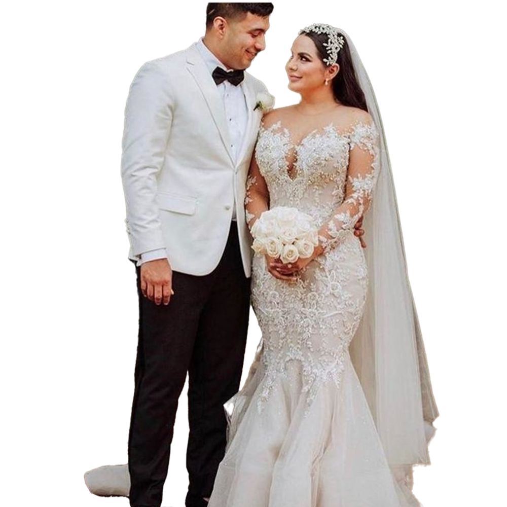 Plus Size Arabic Aso Ebi Lace Beaded Mermaid Wedding Dresses Bridal Gowns Sheer Jewel Neck Long Sleeves Vintage Sexy Country Bride Dress