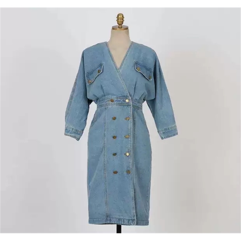 Sexy V-Neck Slim Denim Dress Female Chic Double Breasted Bat Sleeve Women Backless Jeans Femme 210520