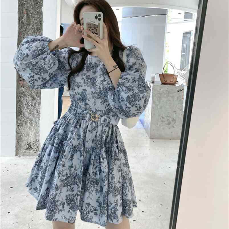 Korean Spring Women Mini Dress Elegant Floral Printed Lantern Sleeve Vestidos Feminine Chic With Belt 210519