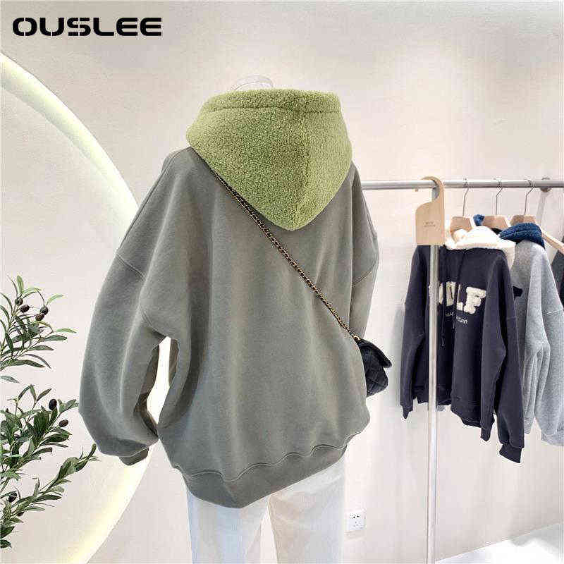 OUSLEE Fashion Patchwork Oversize Sweatshirt Women Winter Casual Loose Cotton Thick Letter Long Sleeve Hoodies Female Streetwear 211108