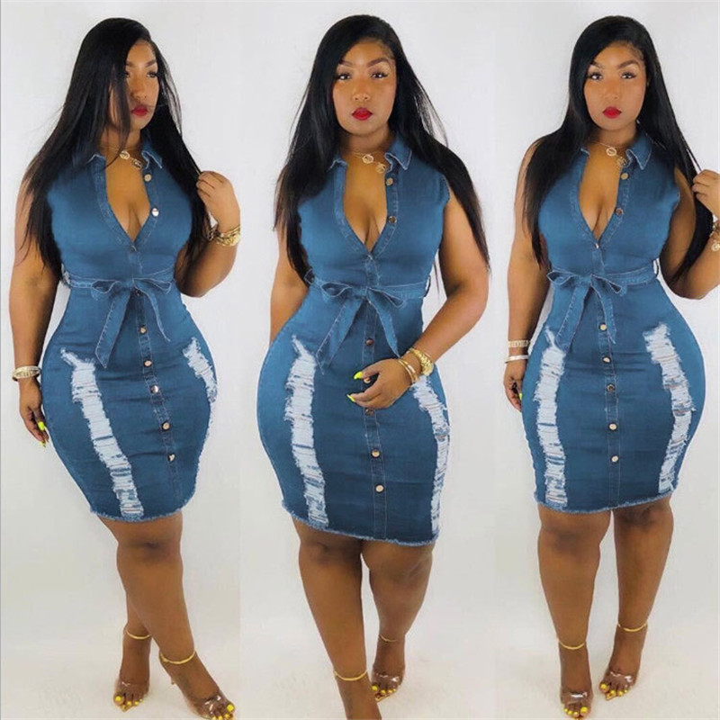 Women Plus Size Denim Dresses 3X 4XL 5XL Summer jeans One-piece Dress Sleeveless skinny Knee-length Skirts Casual blue Midi Skirt bigger sizes clothes