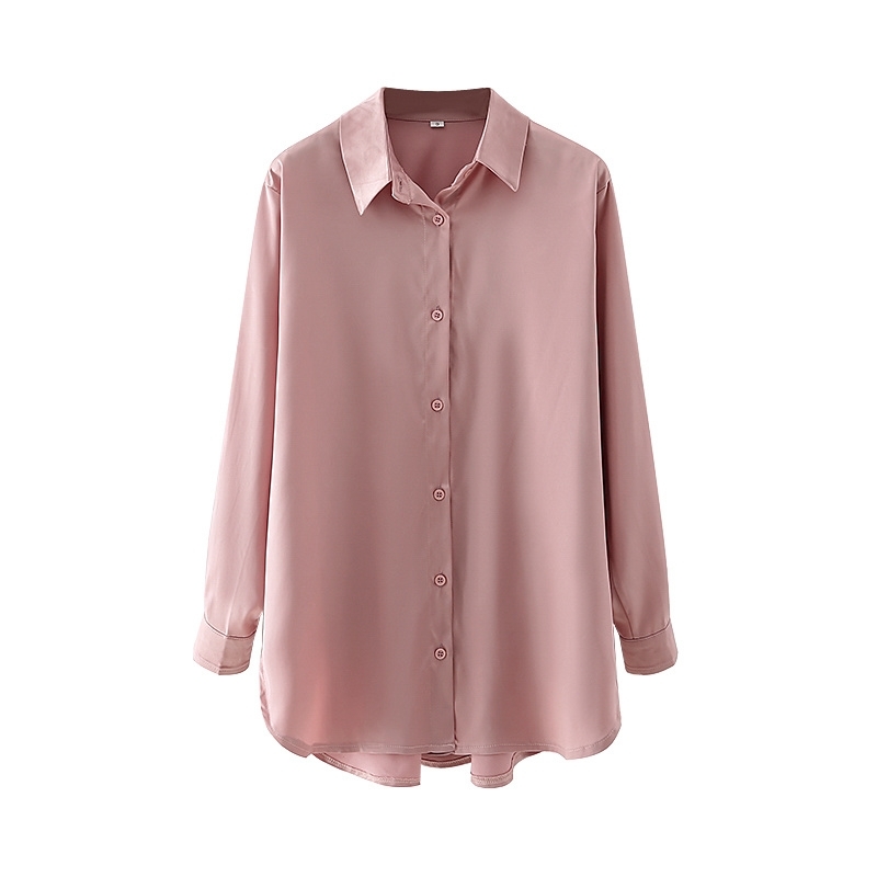 Elegant Women Solid Pink Satin Shirts Fashion Ladies Button Loose Tops Causal Female Chic Turn Down Collar Blouse 210430