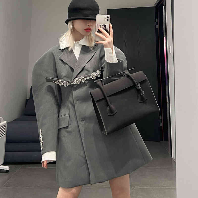 VGH Black Patchwork Diamond Blazer For Women Notched Long Sleeve Casual Joker Blazers Female Fashion Spring New Clothing 210421