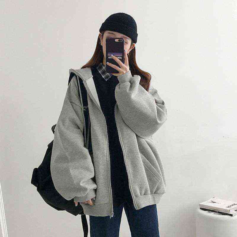 Autumn Winter Female Harajuku Korean Version Hooded Sun Protection Coat Retro Student Girl Top Women Hoodie Zipper Sweatshirt 211109