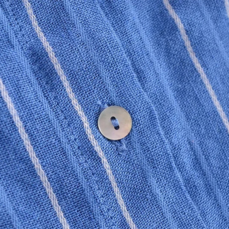 Women Chic Summer Stripe Blue Shirt Vintage Single Breasted Fashion Peter Pan Collar Puff Sleeve Blouse Female Tops 210521