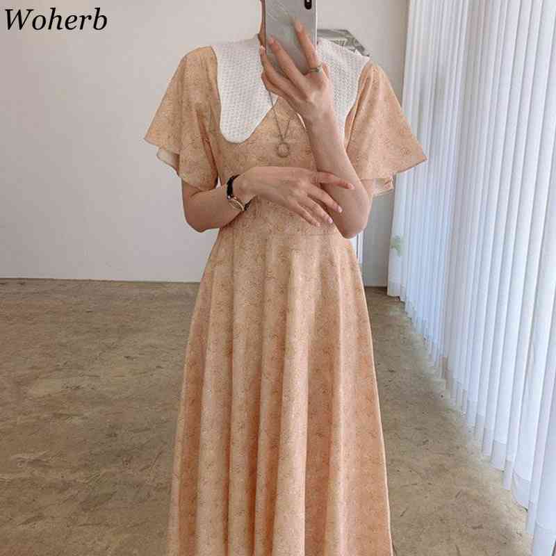 Summer Floral Print Korean Chic Style Peter Pan Collar Short Sleeve Ladies Dress Casual Long All Match Vestidos 210519