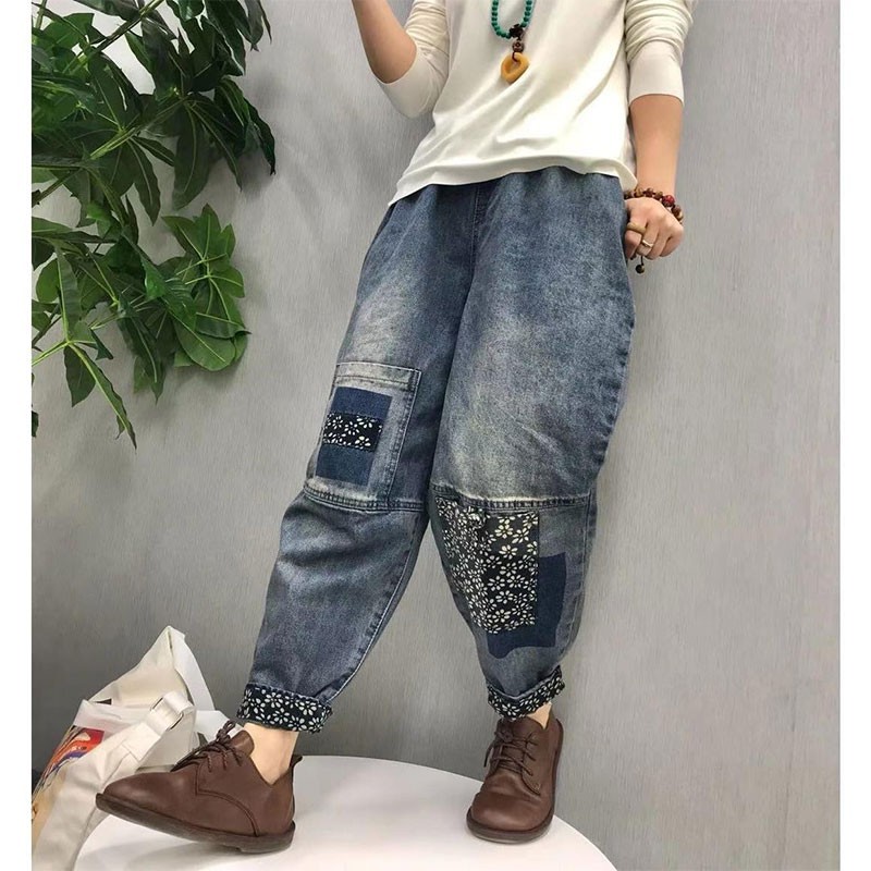 Arrival Spring Arts Style Women Elastic Waist Loose Vintage Jeans Casual Patchwork Print Cotton Denim Harem Pants V296 210512