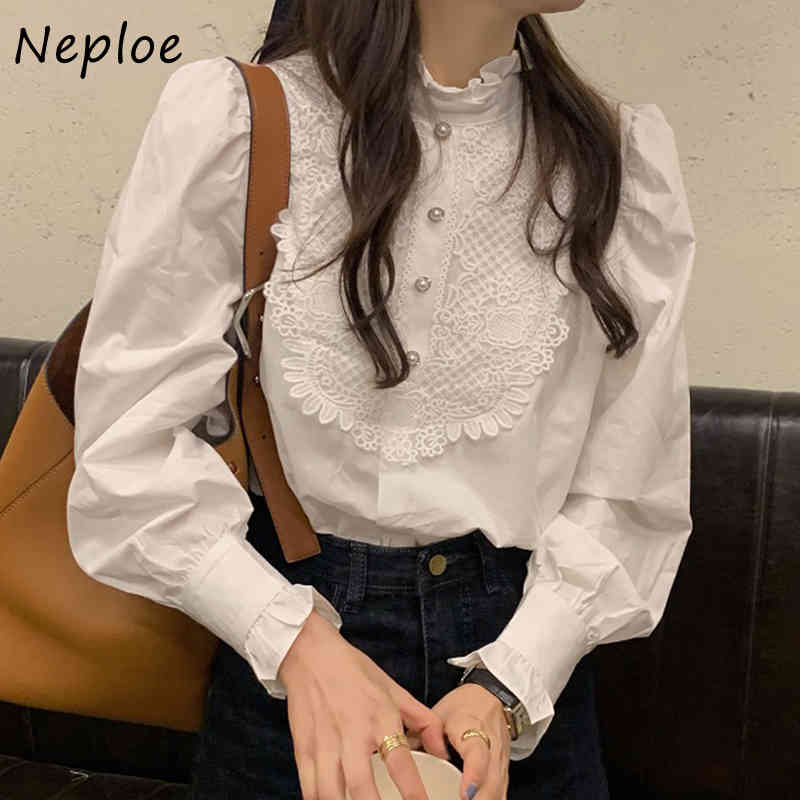 Korean Wooden Ear Lace Hook Flower Patch Elegant Blouse Women Stand Collar Long Sleeve Single Breast Blusas Slim Shirt 210422