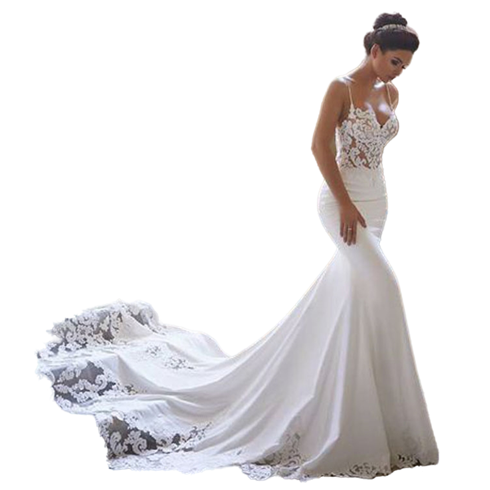 Elegant Appliques Mermaid Wedding Dresses Lace Fishtail V Neck Spaghetti Straps Sleeveless Sexy Bridal Gowns Vestidos De Novia Boho Beach Bride Dress 