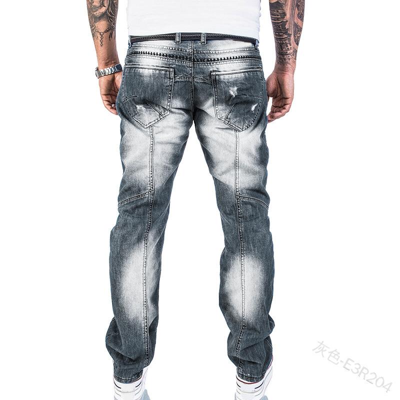 Solid Color Jeans Men's Casual Patchwork Pocket Denim Spring Low Waist Zipper Button Pleated Straight Pants