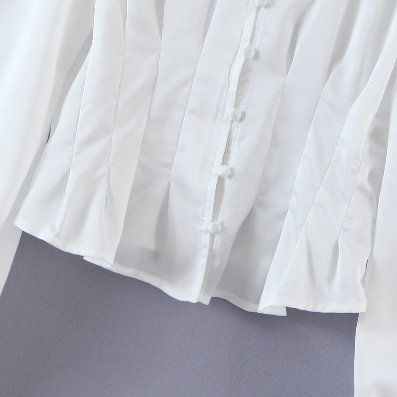 Retro Splice Lace Deep V neck Puff Sleeve Shirt French White color Single-breasted Ruched Slim Waist Short Women Blouse Tops 210429