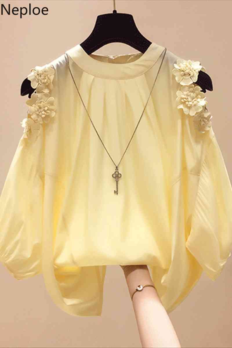 Neploe Tops Mujer O Neck Shoulder Strapless Sexy Chiffon Shirt Feminino Pullover Long Sleeve Loose Solid Blusas Spring Blouse 210422