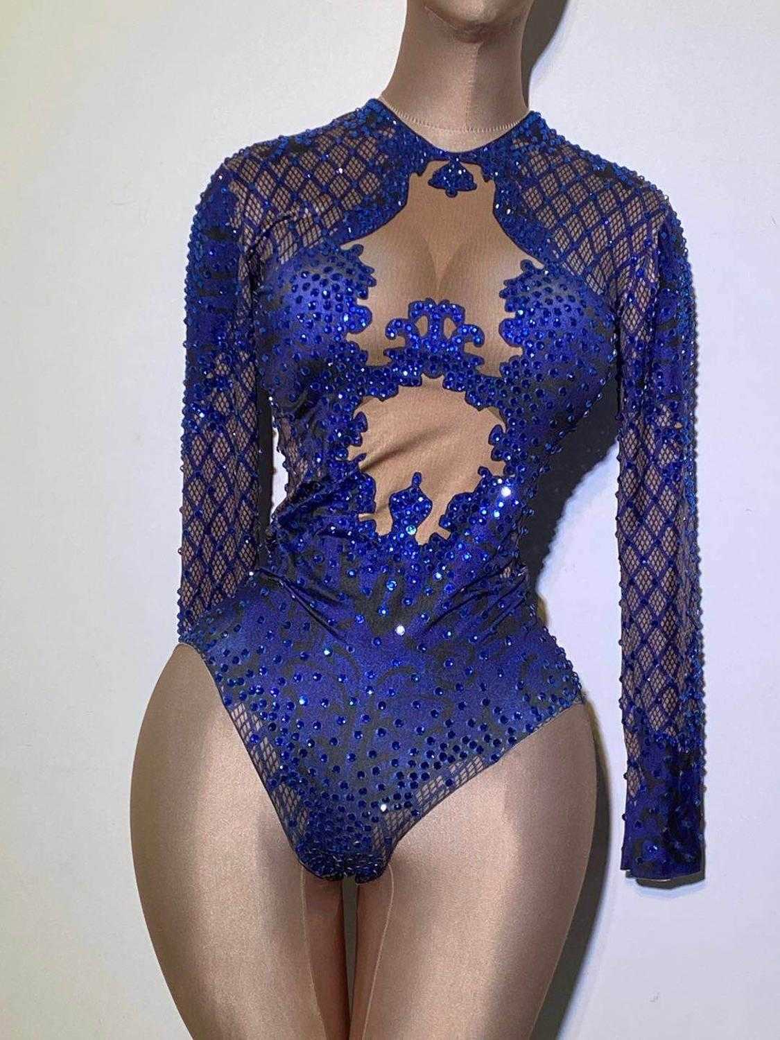 Sexy Blue Print Dancer Bodysuit Women Long Sleeve Elastic Crystal Jumpsuit Female Club Showgirl Stage Leotard Costume 210622