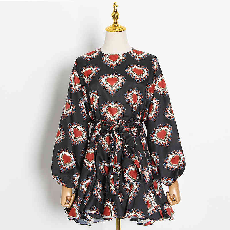 Casual Print Dresses Female O Neck Lantern Long Sleeve High Wiast Lace Up Pleated Hem Mini Summer Dress Women 210520