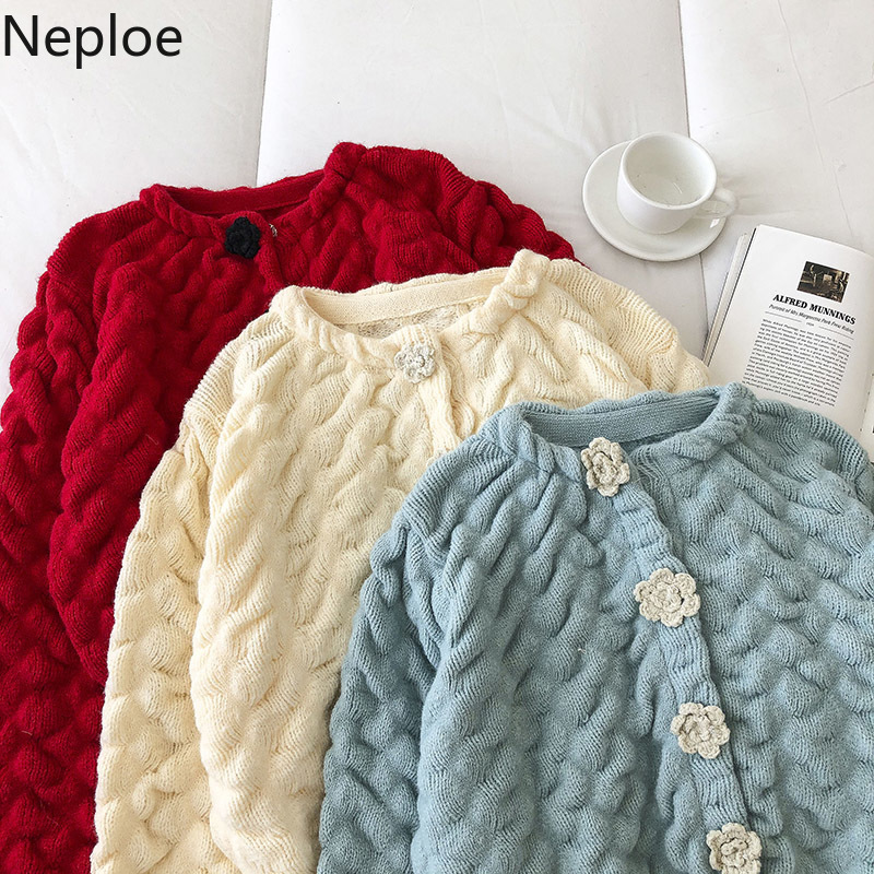 Neploe Knitted Cropped Cardigan Female Winter Clothes Thicked Warm Knitted Sweaters Women Sweet Vintage Sueter Coat Pull Femme 210422