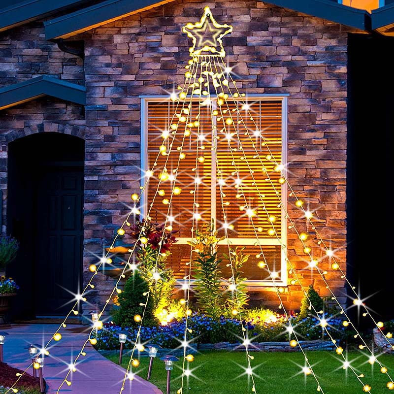 LED Five-Pointed Star Waterfall Lights Christmas Hanging Tree Rooftop Decoration Meteor Lights for Outdoor Courtyard Remote Control Solar Powered