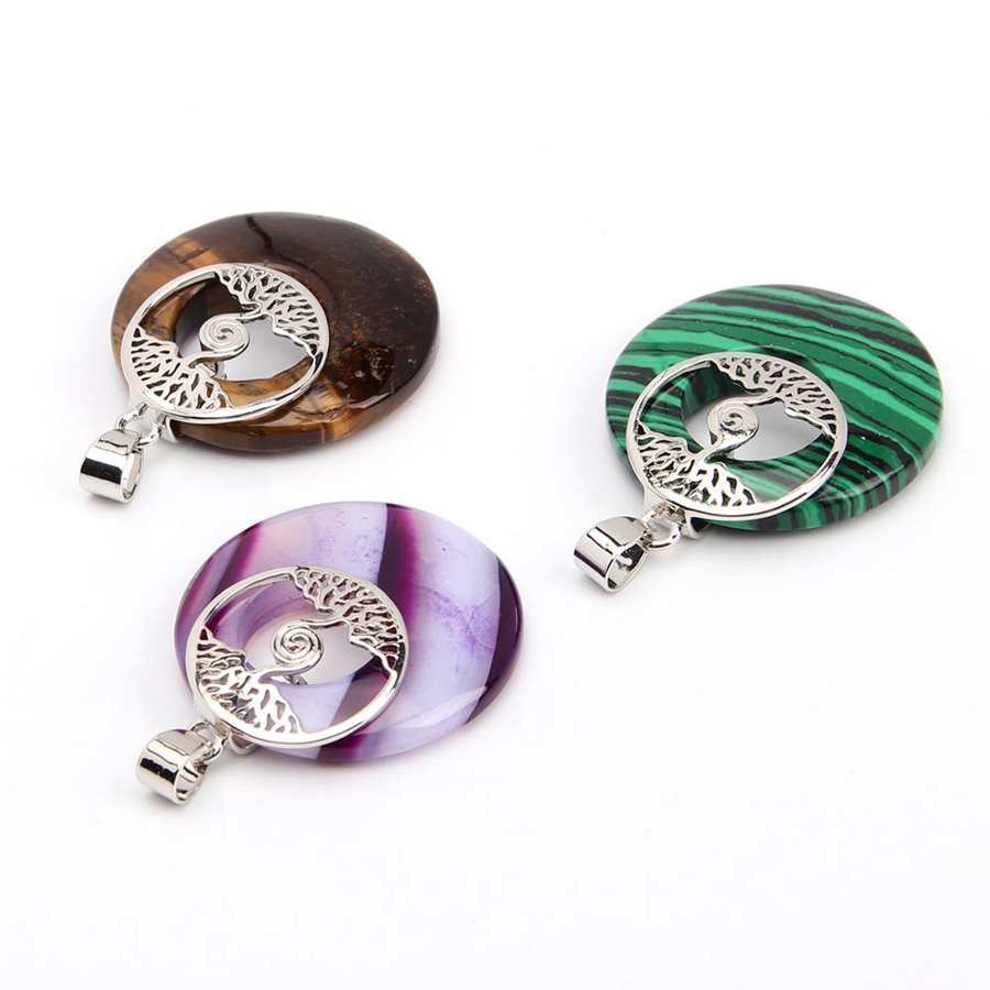 Natural Gemstone Life Tree Nostalgia Round Pendant Amethyst Rose Quartz Opal Obsidian Healing Crystal Necklace Charm Fashion Trend Reiki Stone Jewelry
