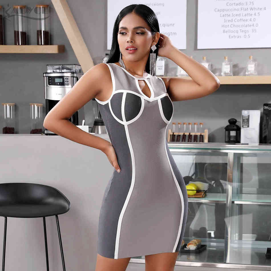 Summer Women Sleeveless Patchwork Bandage Dress Sexy Tank Hollow Out Club Celebrity Runway Party Dresses Vestidos 210423